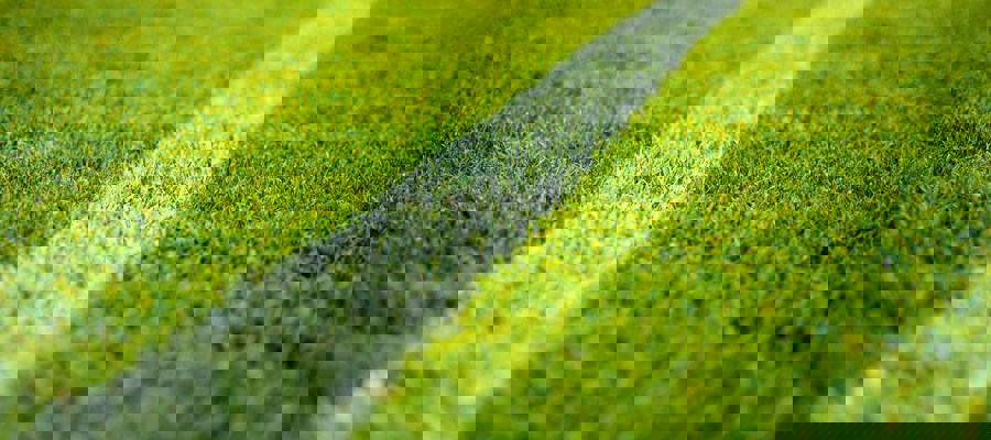 Bild på grön fotbollsplan  med vit linje